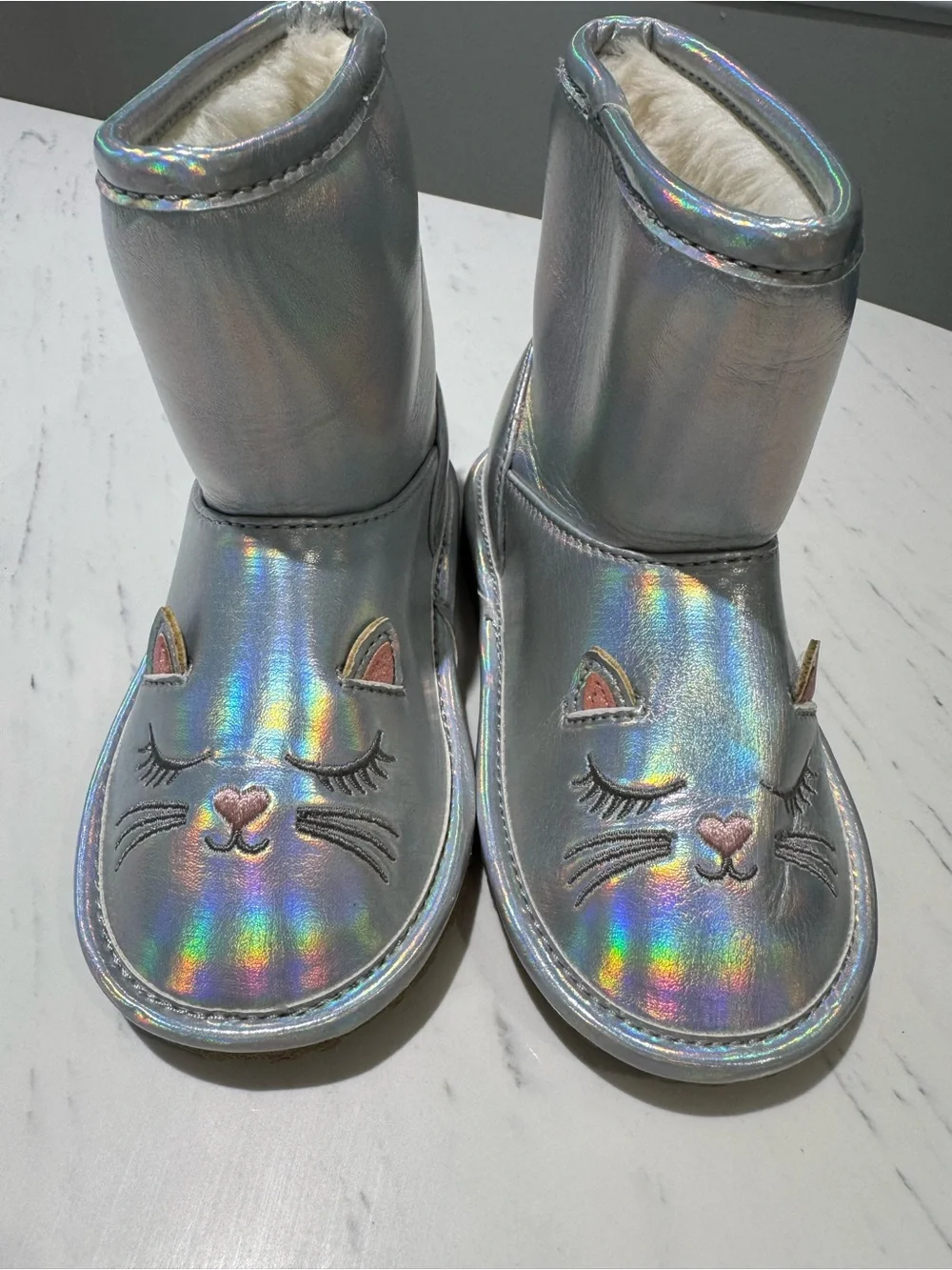The Children's Place Iridescent Silver Cat Face Kids Snow Boots